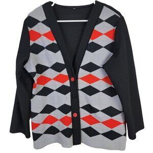 Vintage 60s Cardigan Sweater Women Large Black Red Argyle Diamond Jacket Fall 12